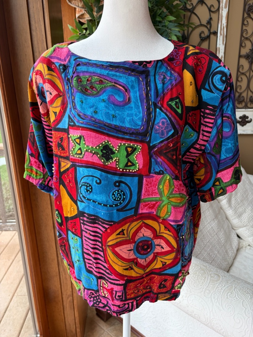 Vibrant Multicolor Beaded Sequin Blouse Sz GDE 100% Rayon Vintage Made in India